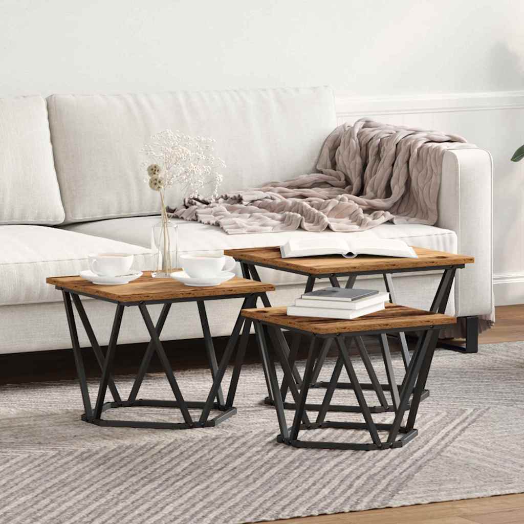 Table basse 3 pcs Bois Ancien Bois d'ingénierie et acier - XIOS