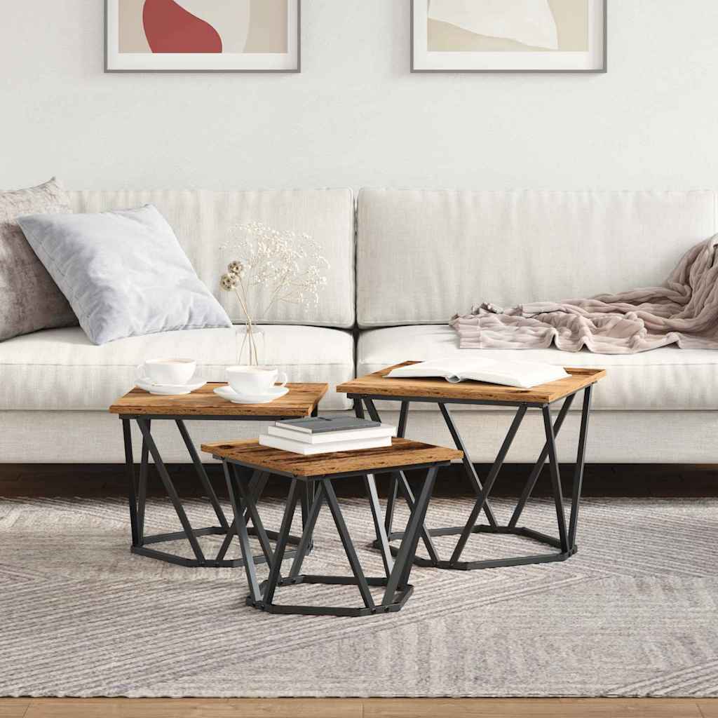 Table basse 3 pcs Bois Ancien Bois d'ingénierie et acier - XIOS