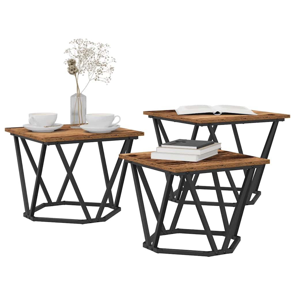 Table basse 3 pcs Bois Ancien Bois d'ingénierie et acier - XIOS