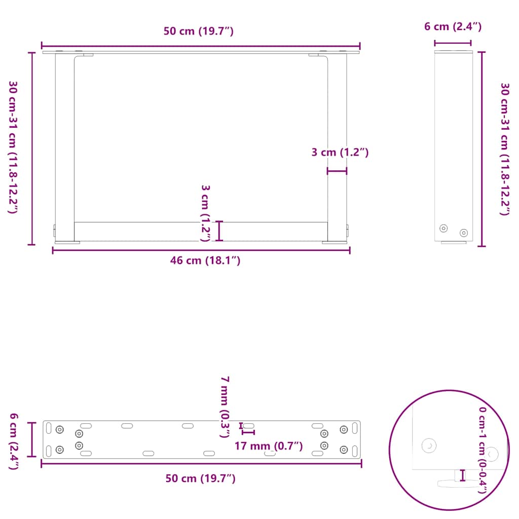 Pieds de table basse en U, 2 pièces, noir, 50 x (30-31) cm, acier - XIOS