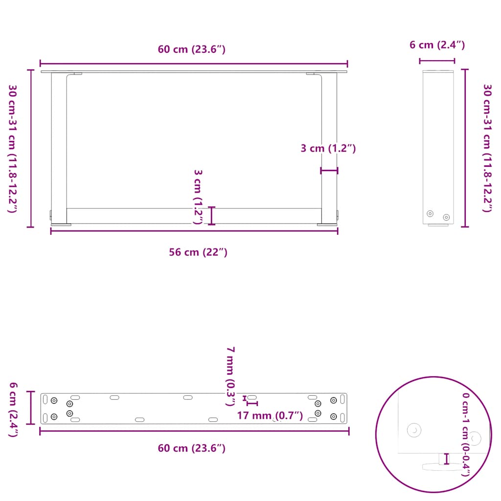Pieds de table basse en U, 2 pièces, noir, 60 x (30-31) cm, acier - XIOS