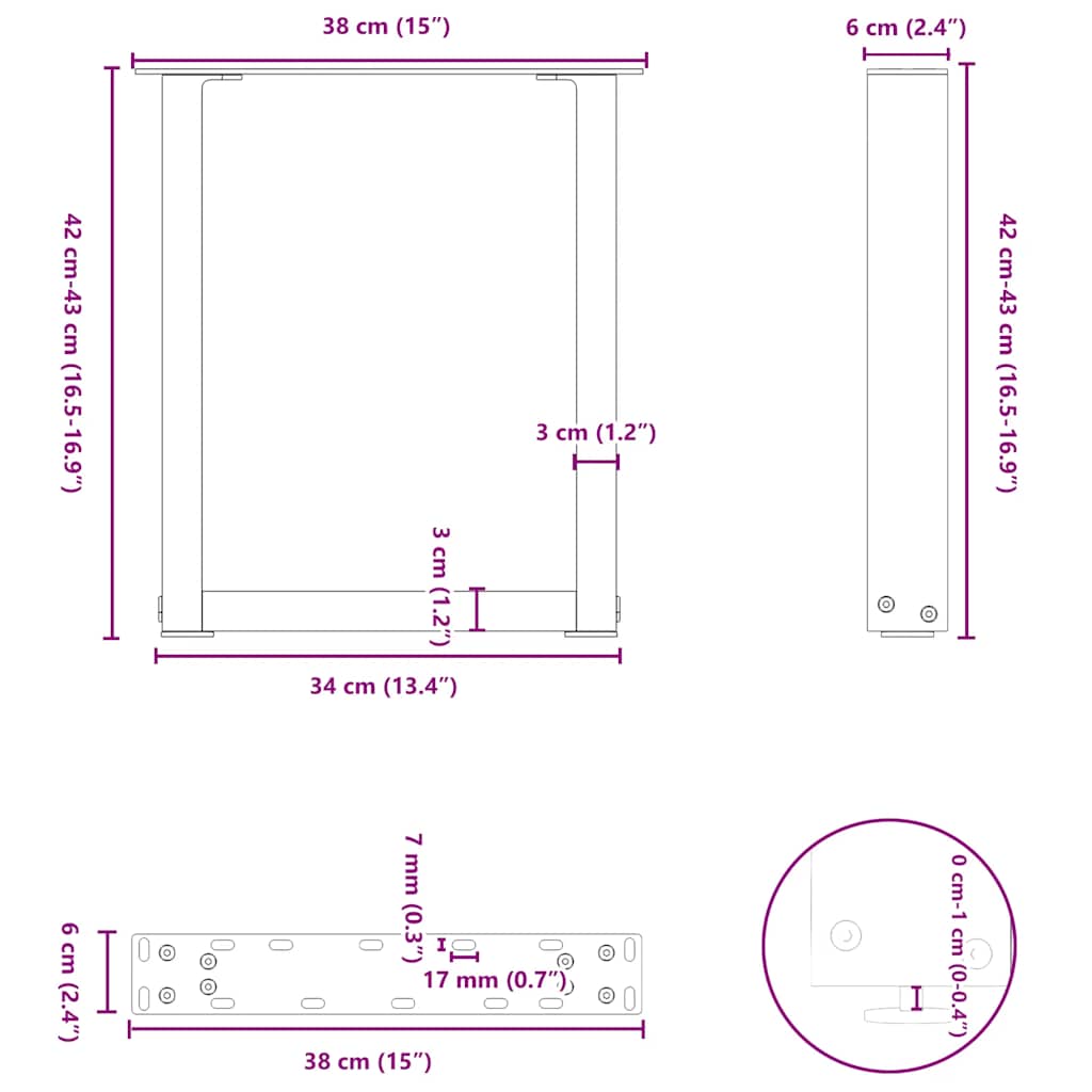Pieds de table basse en U 2 pièces Noir 38 x (42-43) cm Acier