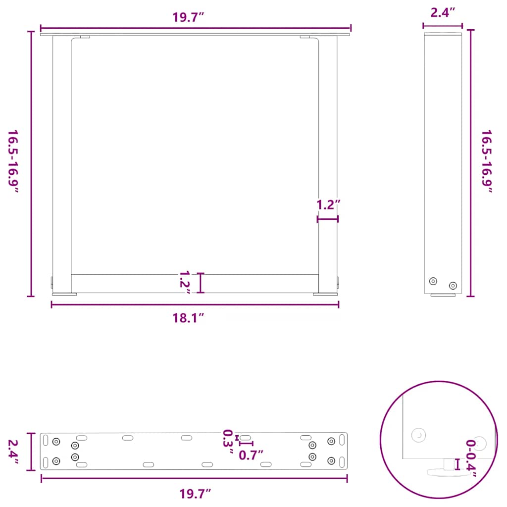 Pieds de table basse en U, 2 pièces, noir, 50 x (42-43) cm, acier