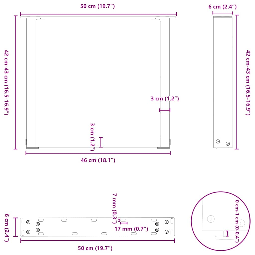 Pieds de table basse en U, 2 pièces, noir, 50 x (42-43) cm, acier