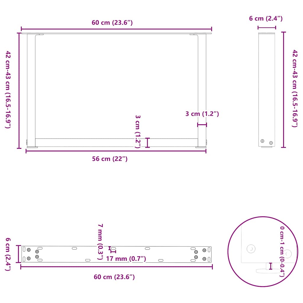 Pieds de table basse en U, 2 pièces, noir, 60 x (42-43) cm, acier