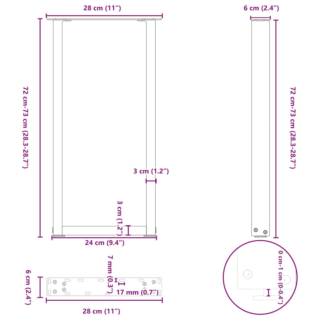 Pieds de table console en U, 2 pièces, noir, 28 x (72-73) cm, acier - XIOS