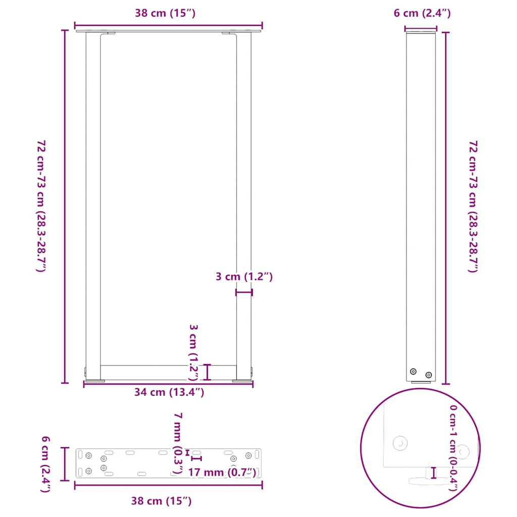 Pieds de table console en U, 2 pièces, blanc, 38 x (72-73) cm, acier