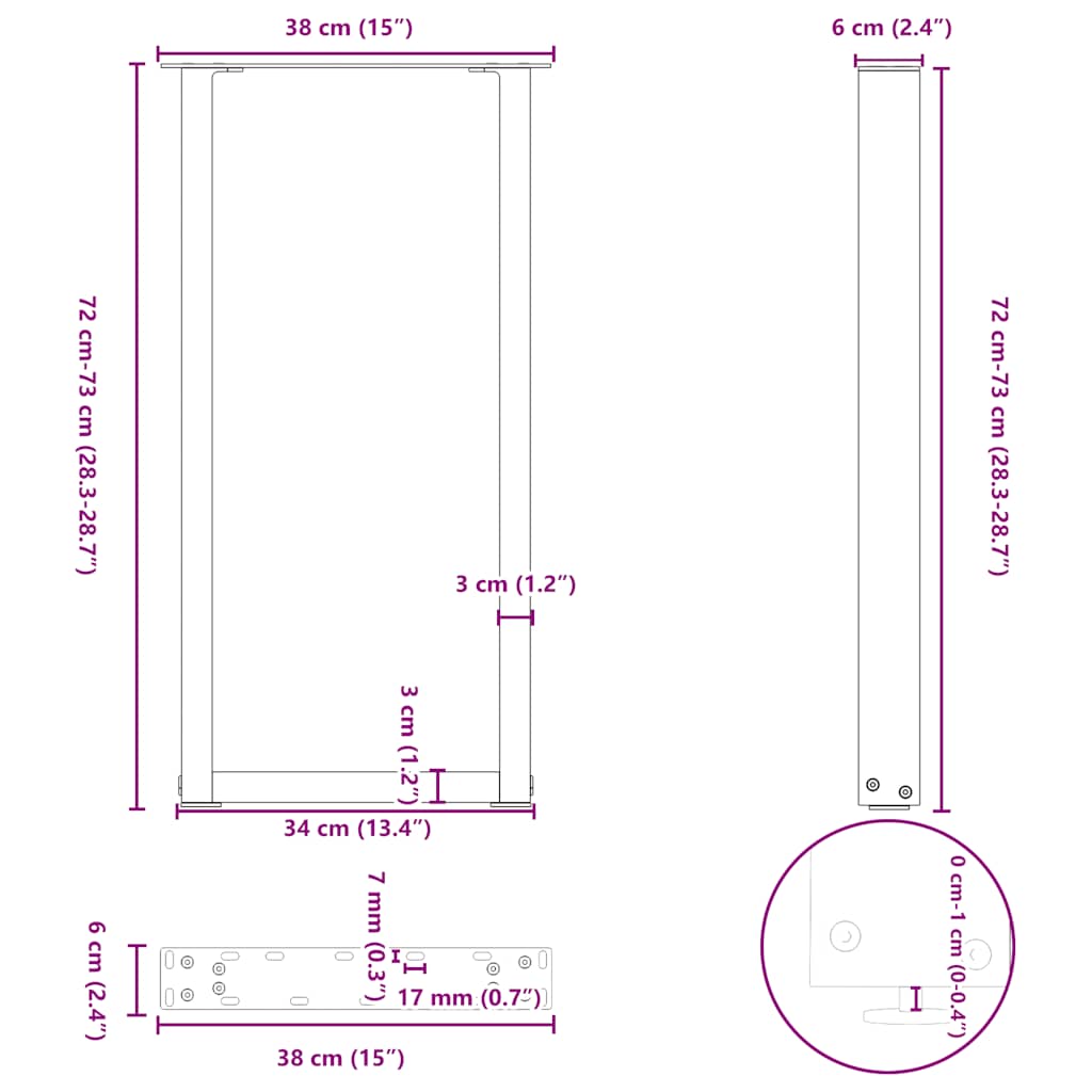 Pieds de table console en U, 2 pièces, anthracite, 38 x (72-73) cm, acier - XIOS