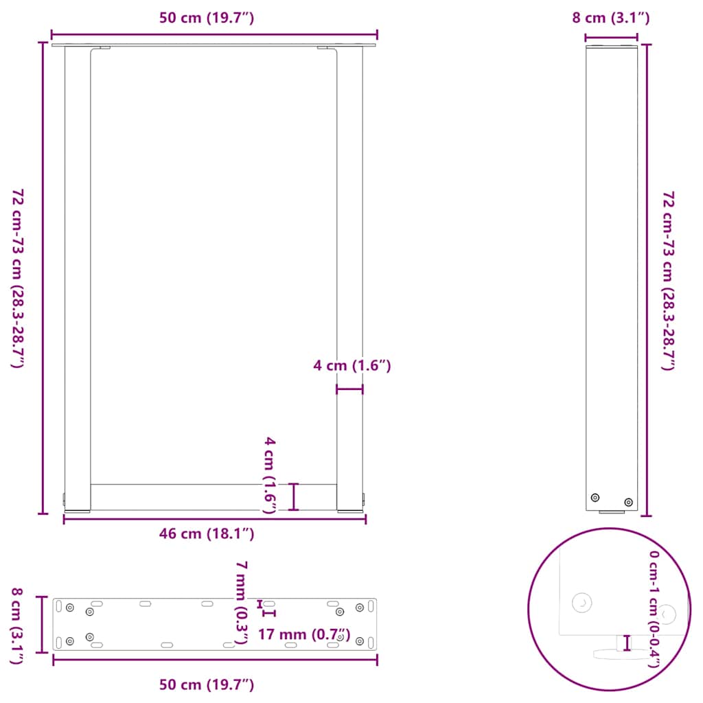 Pieds de table à manger en U 2 pièces Noir 50 x (72-73) cm Acier