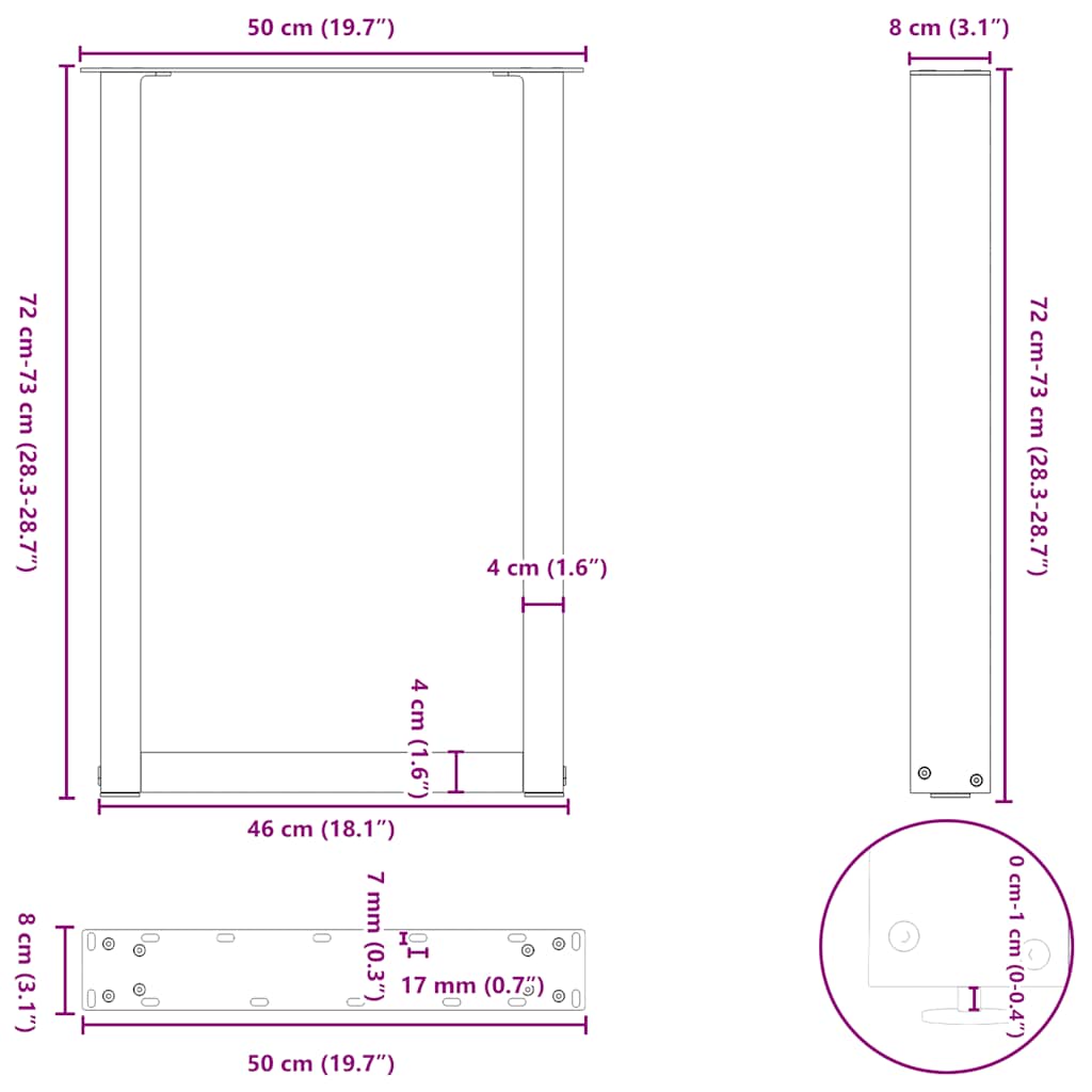 Pieds de table à manger en U, 2 pièces, blanc, 50 x (72-73) cm, acier - XIOS
