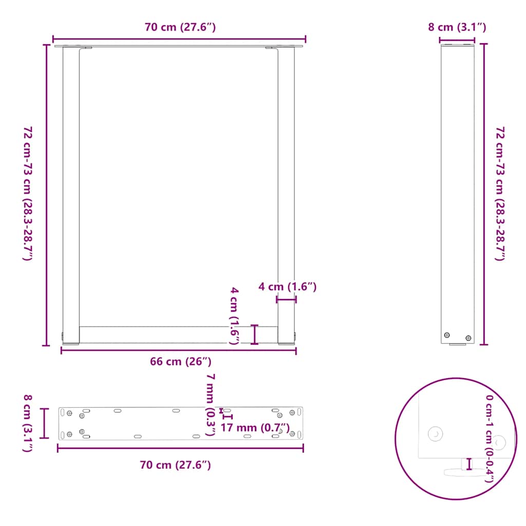 Pieds de table à manger en U 2 pièces Noir 70 x (72-73) cm Acier - XIOS