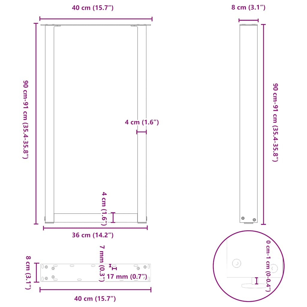Pieds de table de bar en U, 2 pièces, blanc, 40 x (90-91) cm, acier
