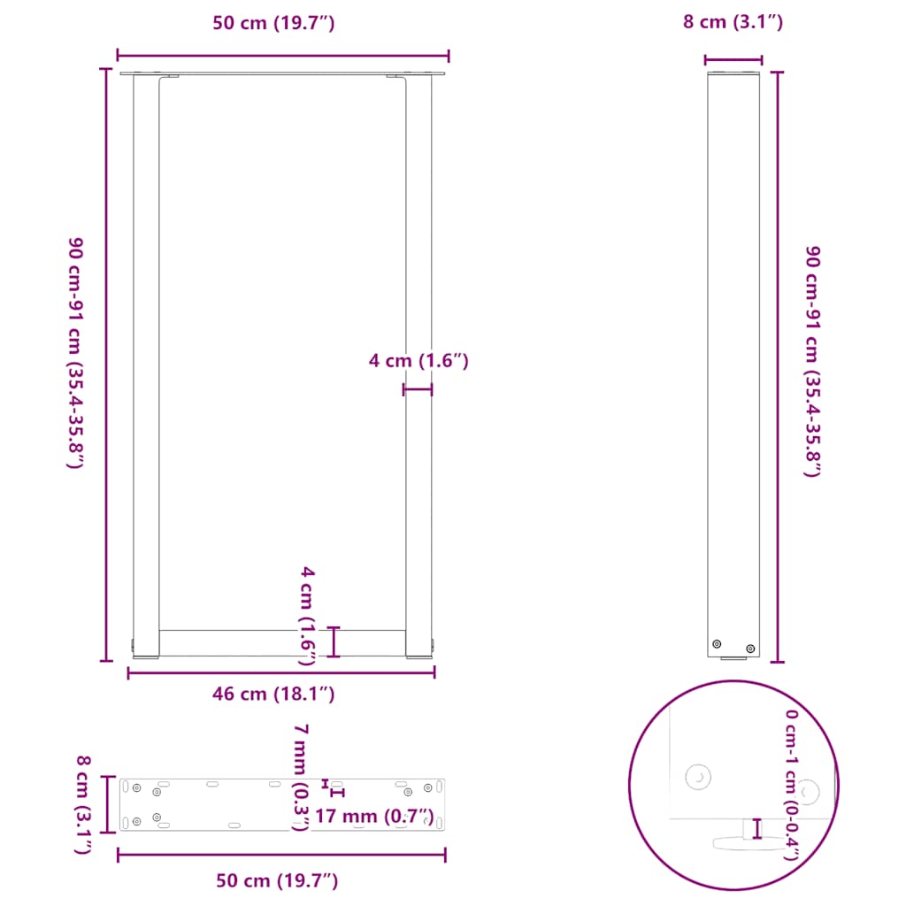 Pieds de table de bar en U, 2 pièces, noir, 50 x 90-91 cm, acier - XIOS