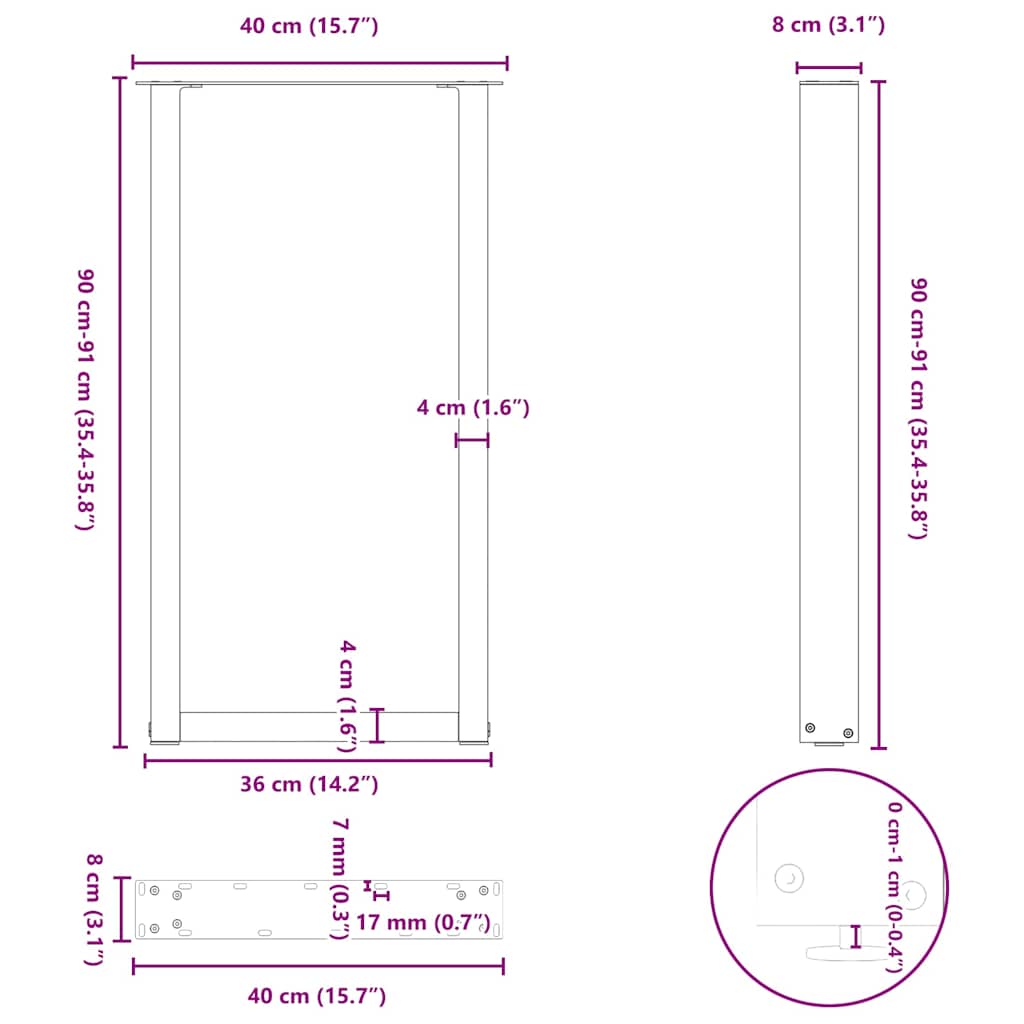 Pieds de table de bar en U 2 pièces Acier naturel 50 x (90-91) cm Acier