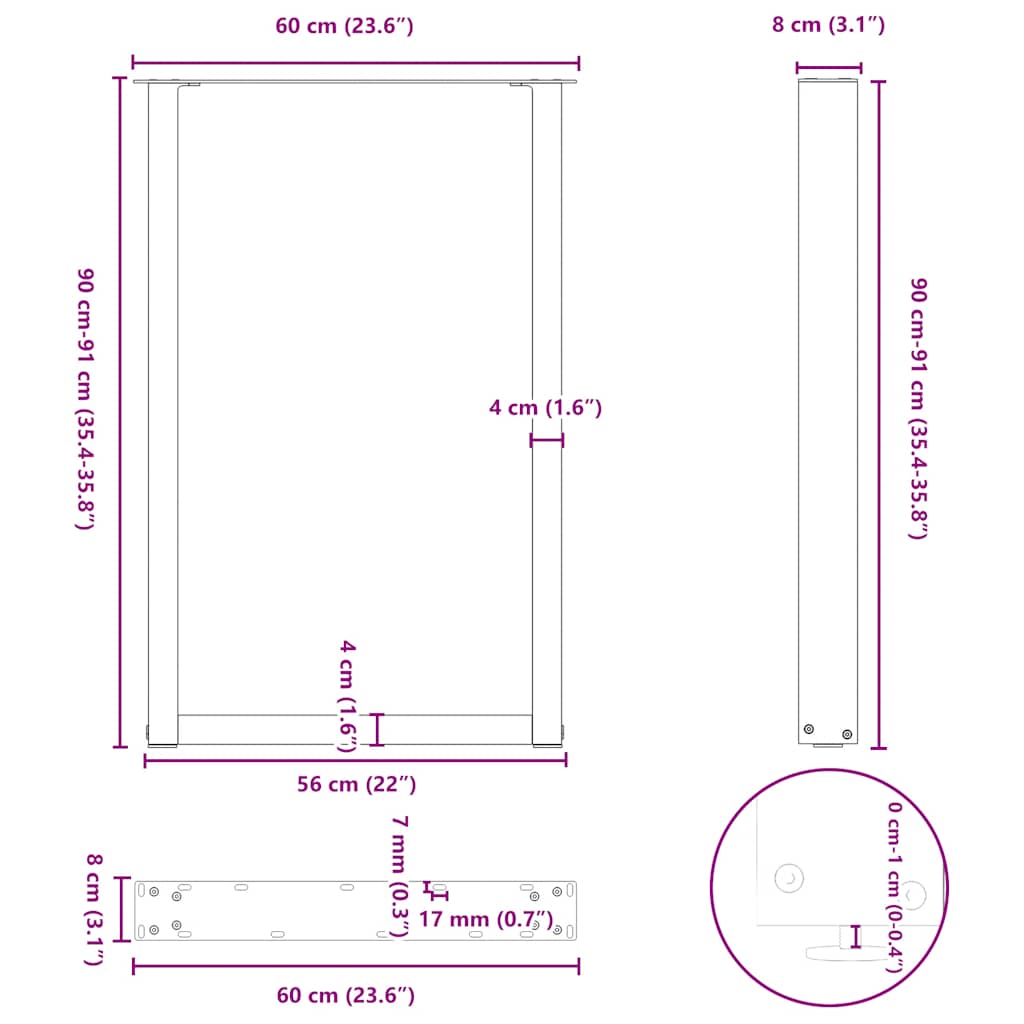 Pieds de table de bar en U 2 pièces Blanc 60 x (90-91) cm Acier - XIOS