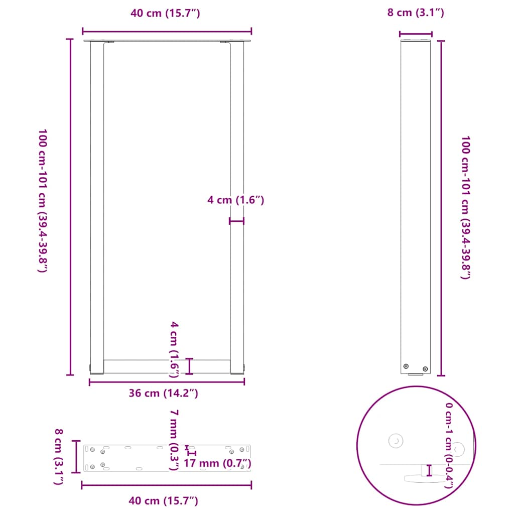 Pieds de table de bar en U 2 pièces Noir 40 x (100-101) cm Acier - XIOS