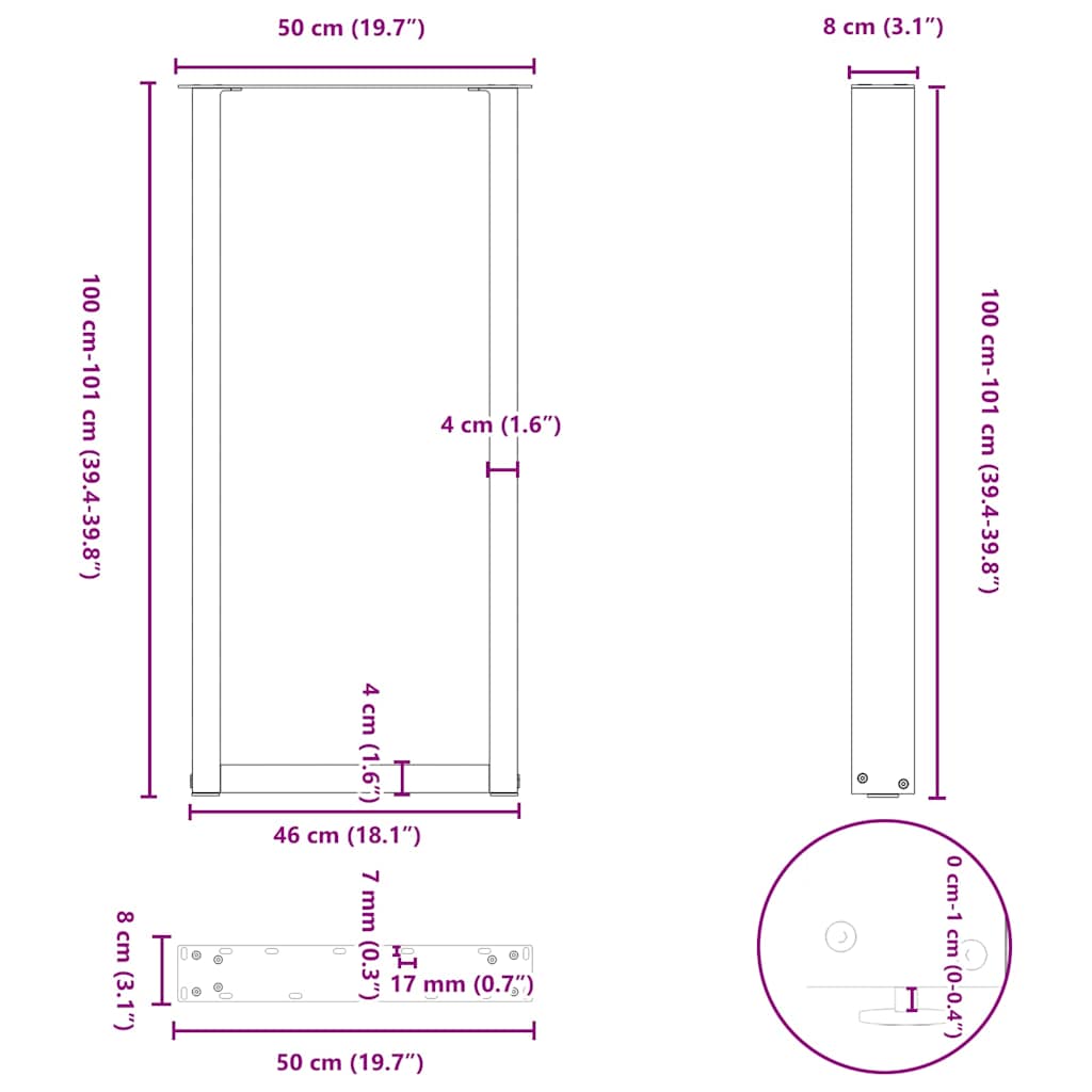 Pieds de table de bar en U, 2 pièces, noir, 50 x (100-101) cm, acier - XIOS