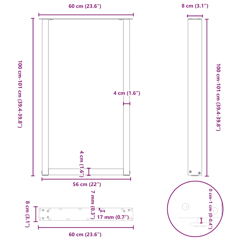 Pieds de table de bar en U, 2 pièces, noir, 60 x (100-101) cm, acier - XIOS