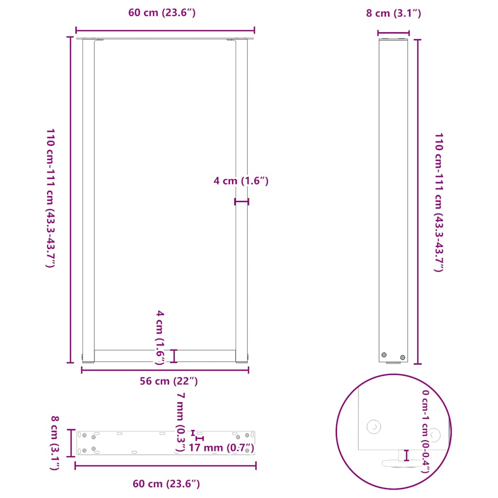 Pieds de table de bar en U, 2 pièces, blanc, 60 x (110-111) cm, acier - XIOS