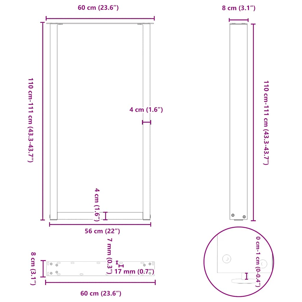 Pieds de table de bar en forme de U, 2 pièces, acier naturel, 60 x (110-111) cm - XIOS