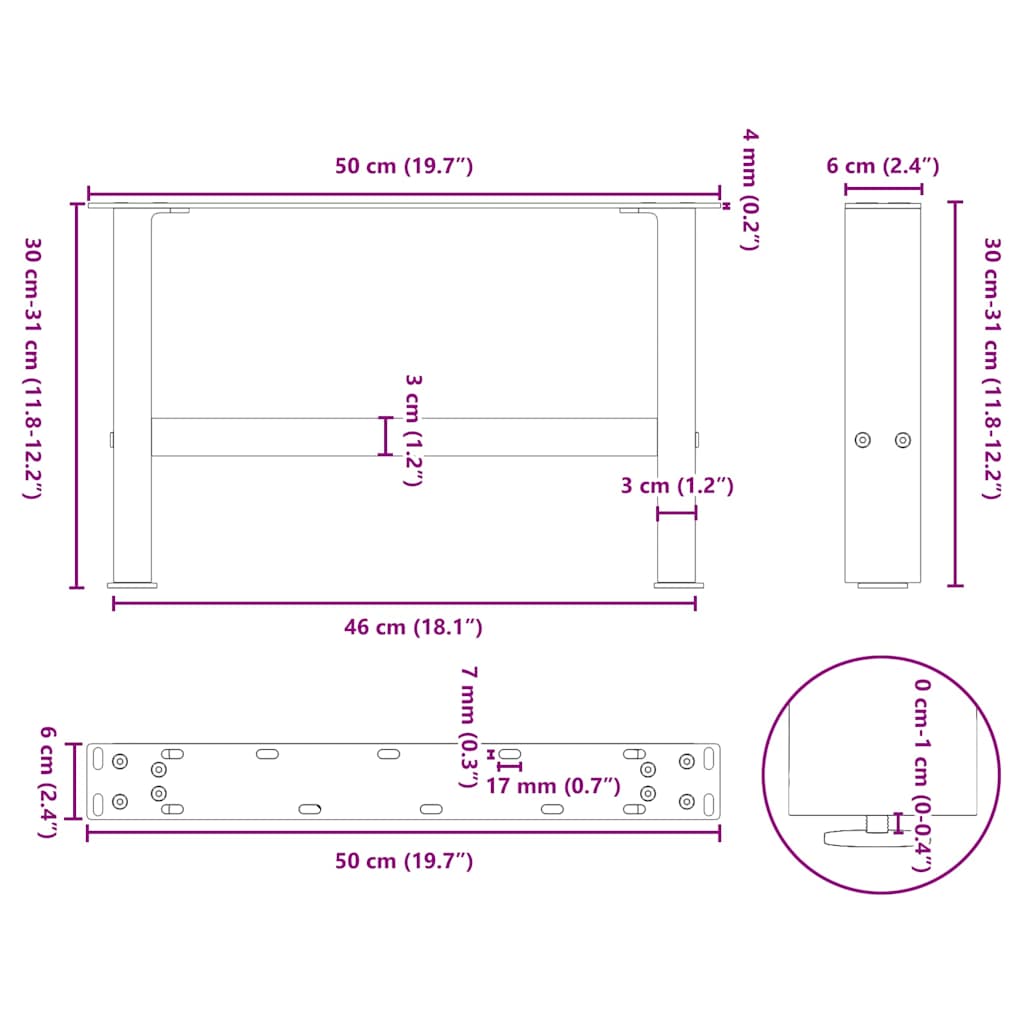 Pieds de table basse Noir 2 pièces 50 x (30-31) cm Acier - XIOS