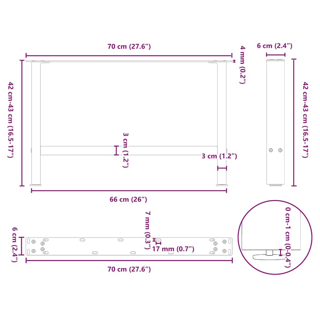 Pieds de table basse en acier naturel, 2 pièces, 70 x (42-43) cm - XIOS