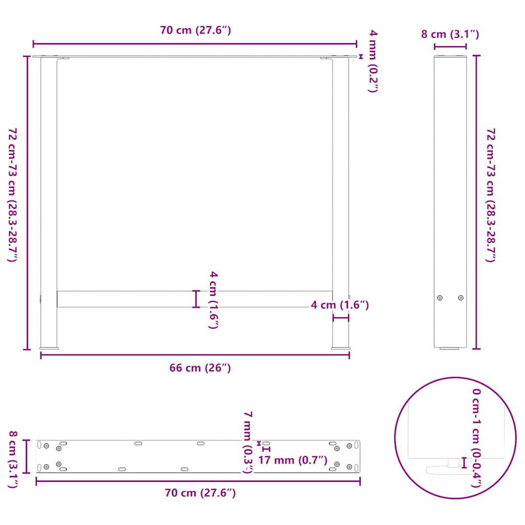 Pieds de table à manger en acier naturel 2 pièces 70 x (72-73) cm Acier - XIOS