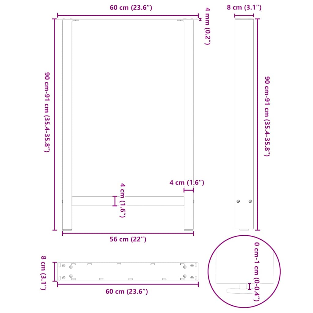 Pieds de table de bar Noir 2 pièces 60 x (90-91) cm Acier