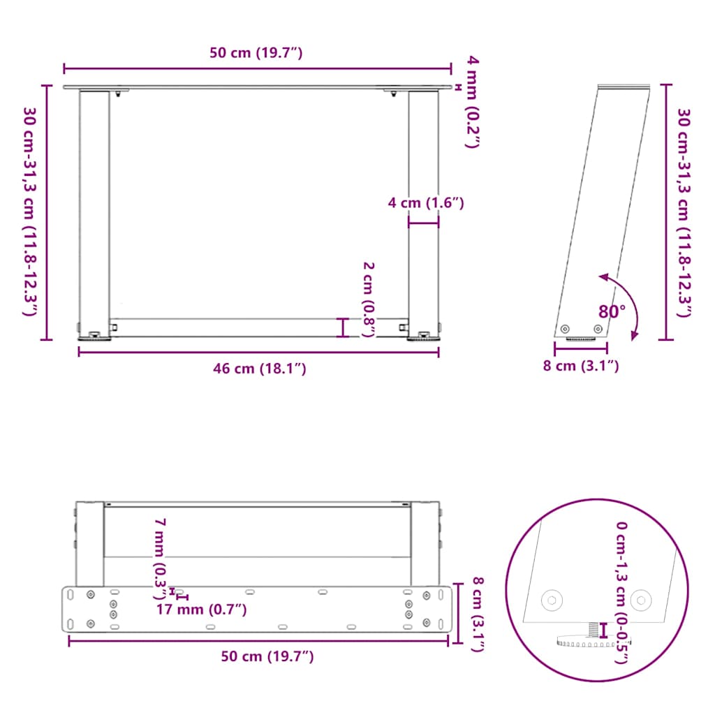 Pieds de table basse en U, 2 pièces, noir, 50 x (30-31) cm, acier - XIOS