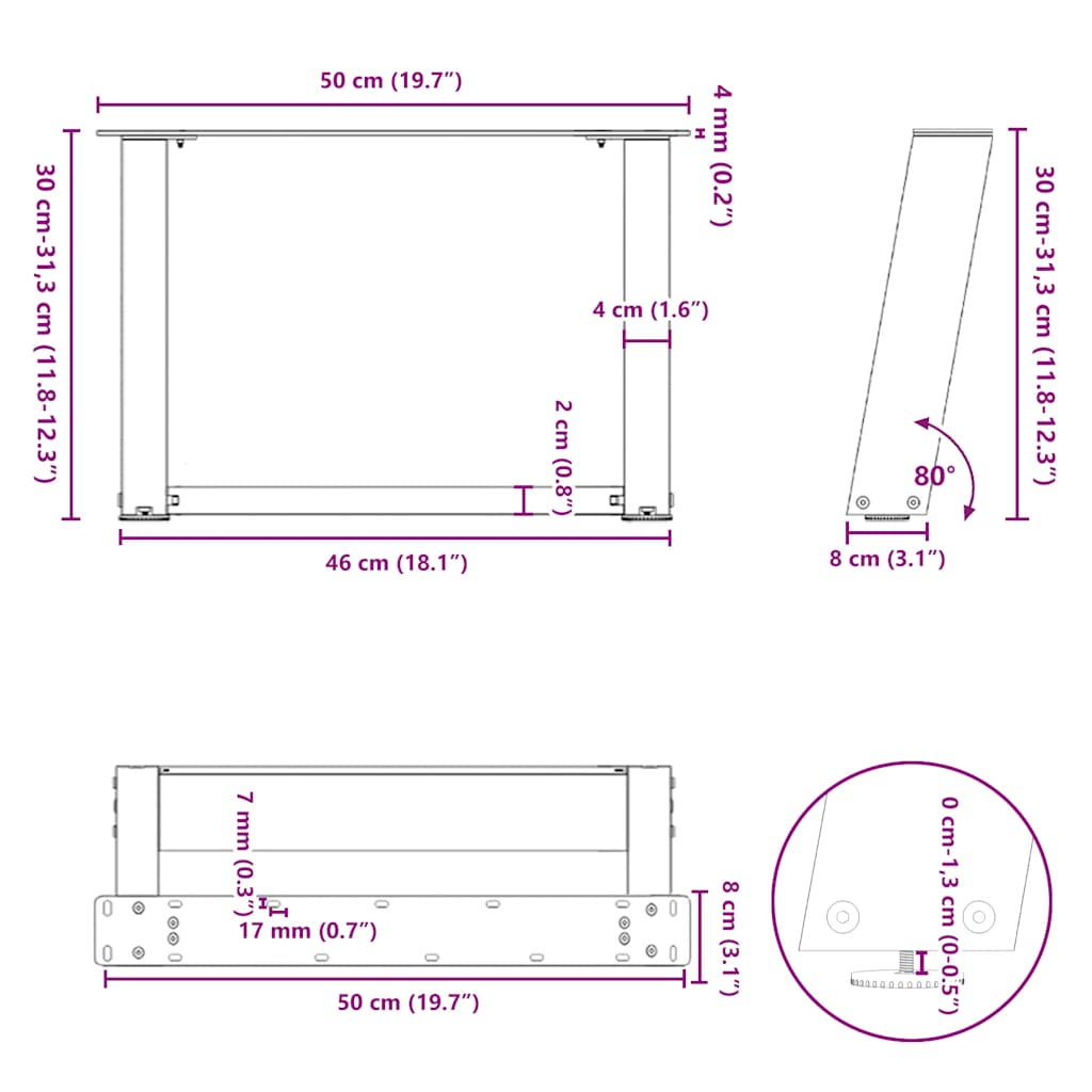 Pieds de table basse en U, 2 pièces, acier naturel, 50 x (30-31) cm - XIOS