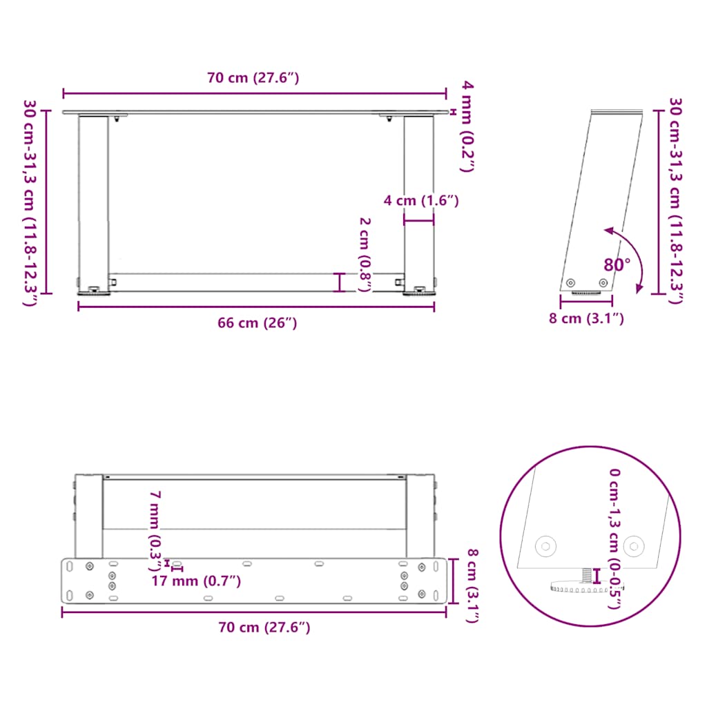 Pieds de table basse en U, 2 pièces, noir, 70 x (30-31) cm, acier - XIOS