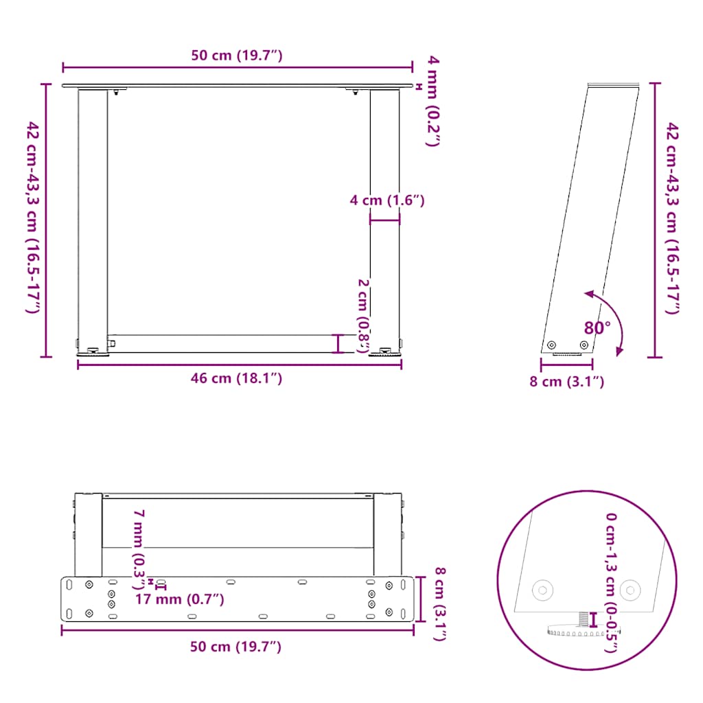 Pieds de table basse en U, 2 pièces, anthracite, 50 x (42-43) cm, acier - XIOS