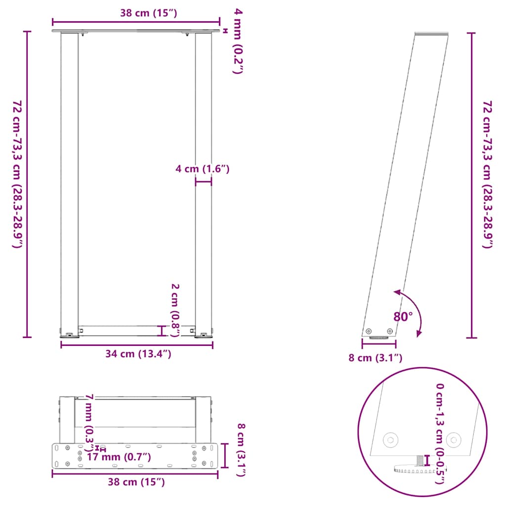 Pieds de table console en U, 2 pièces, anthracite, 38 x (72-73) cm, acier - XIOS