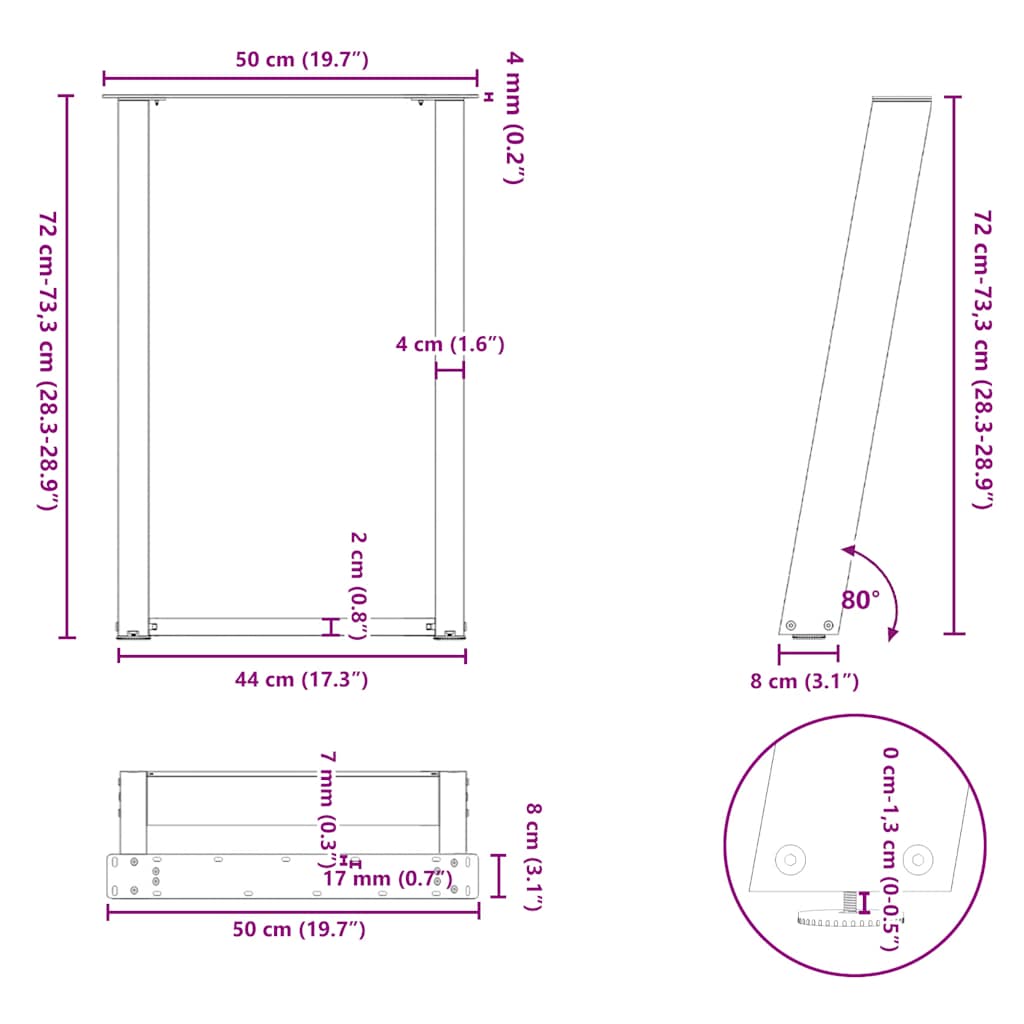 Pieds de table à manger en U 2 pièces Noir 50 x (72-73) cm Acier - XIOS