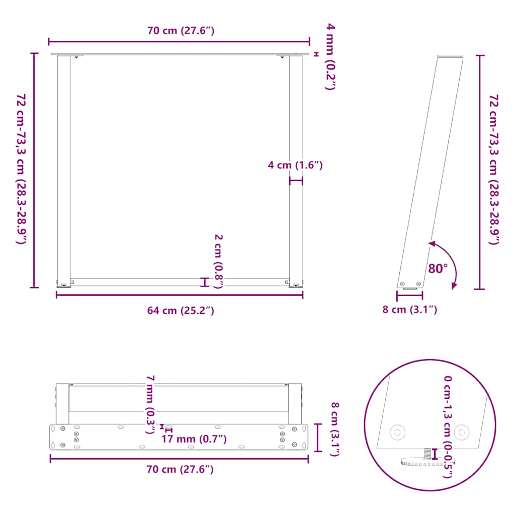 Pieds de table à manger en U 2 pièces Anthracite 70 x (72-73) cm Acier - XIOS