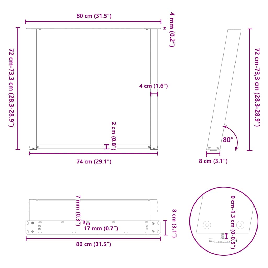 Pieds de table à manger en U 2 pièces Noir 80 x (72-73) cm Acier - XIOS