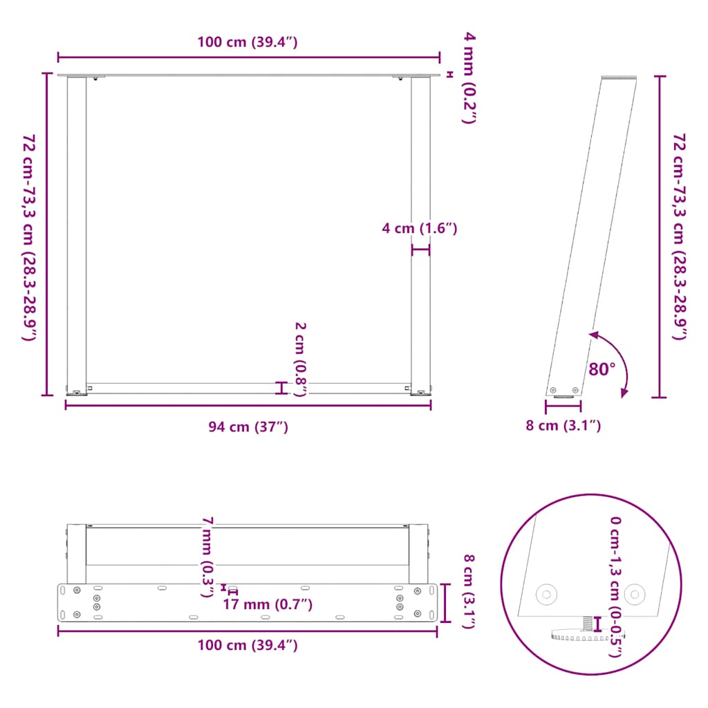Pieds de table à manger en U 2 pièces Anthracite 100 x (72-73) cm Acier - XIOS