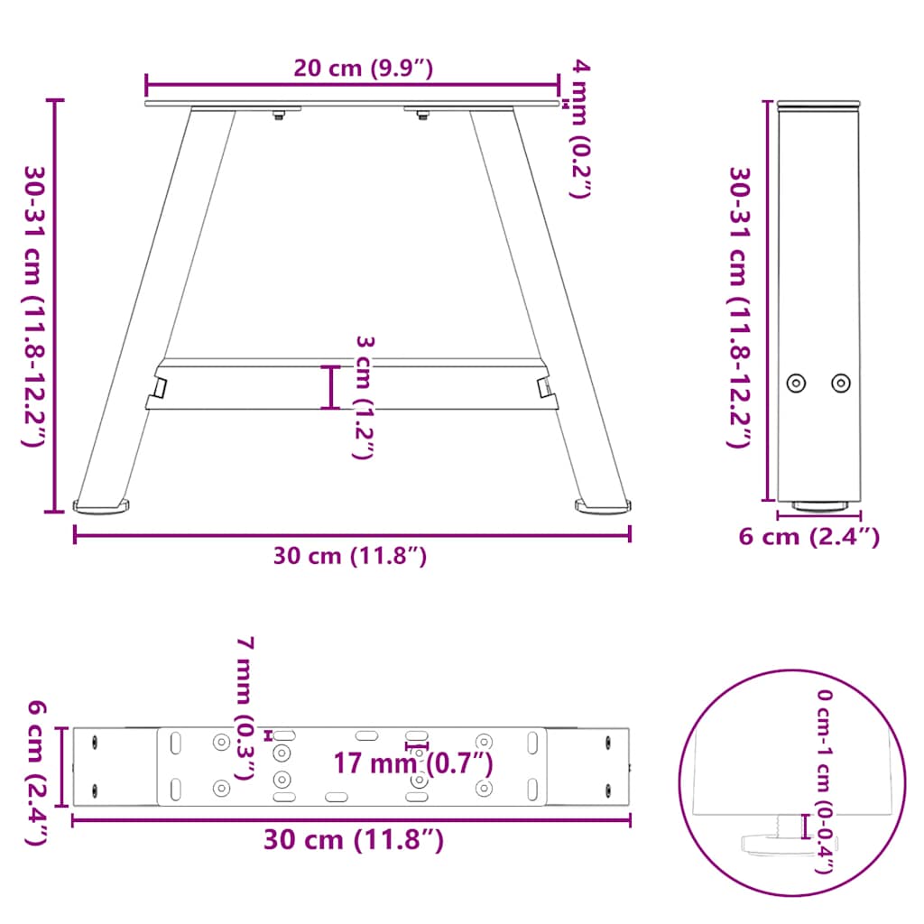 Pieds de table basse en forme de A 2 pièces Blanc 30 x (30-31) cm Acier - XIOS