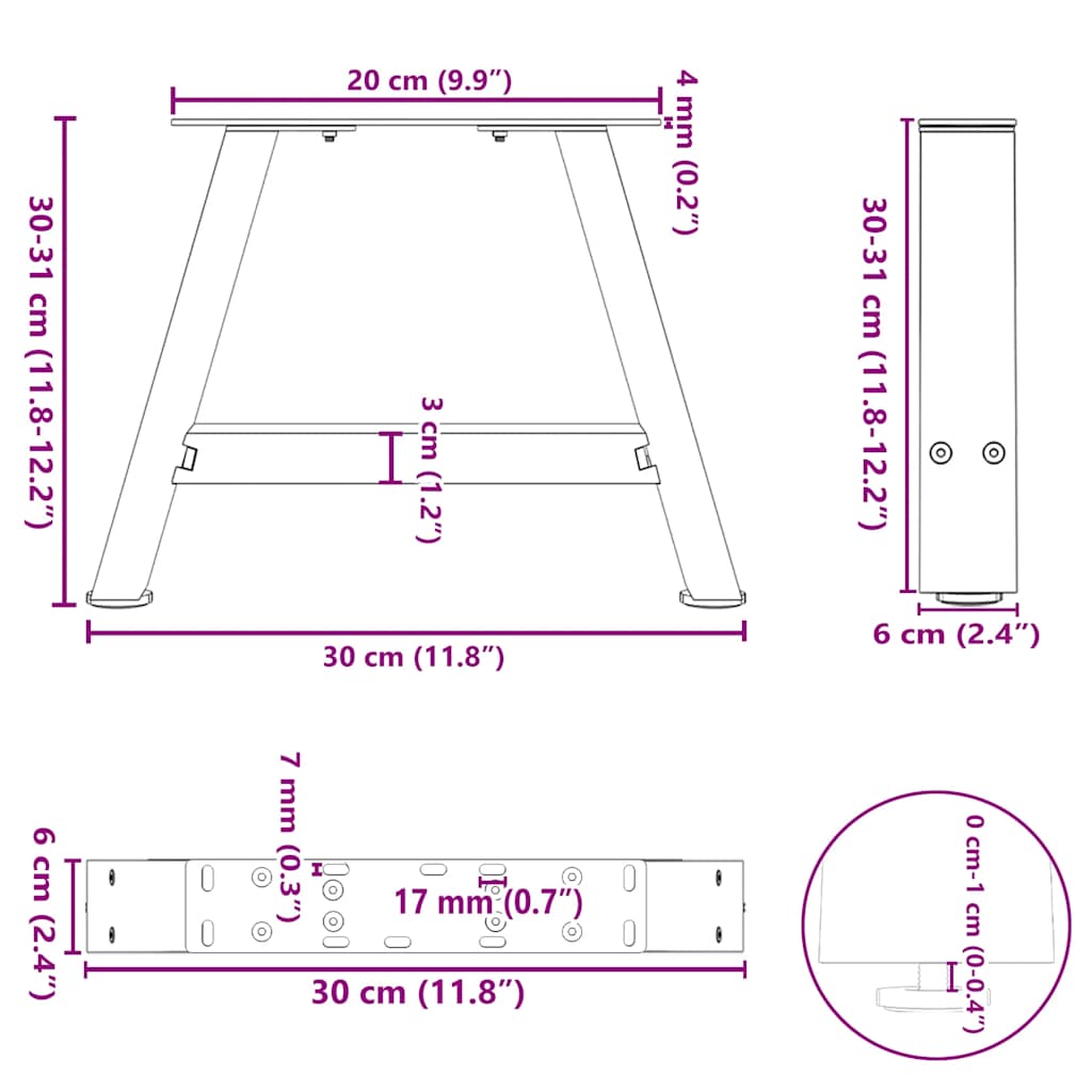 Pieds de table basse en forme de A, 2 pièces, 30 x (30-31) cm, acier - XIOS