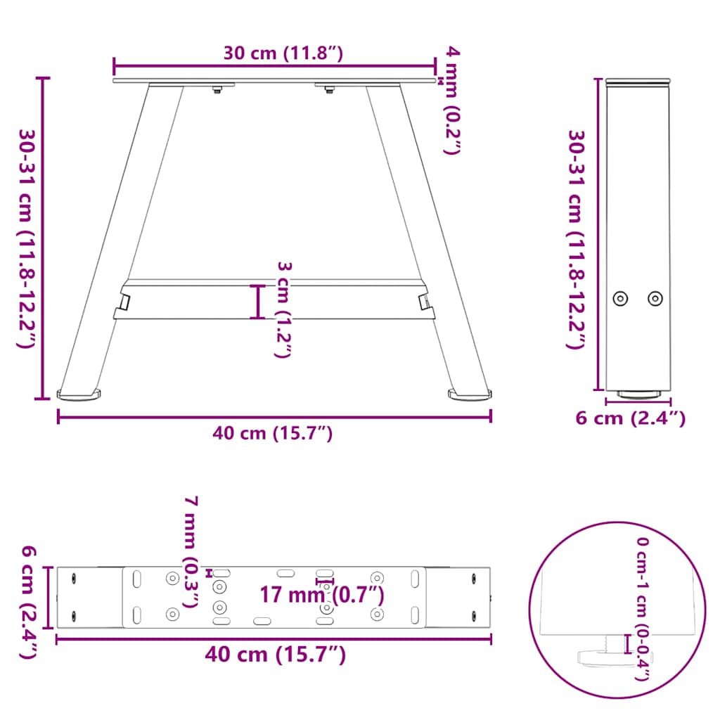 Pieds de table basse en forme de A, 2 pièces, 40 x (30-31) cm, acier - XIOS