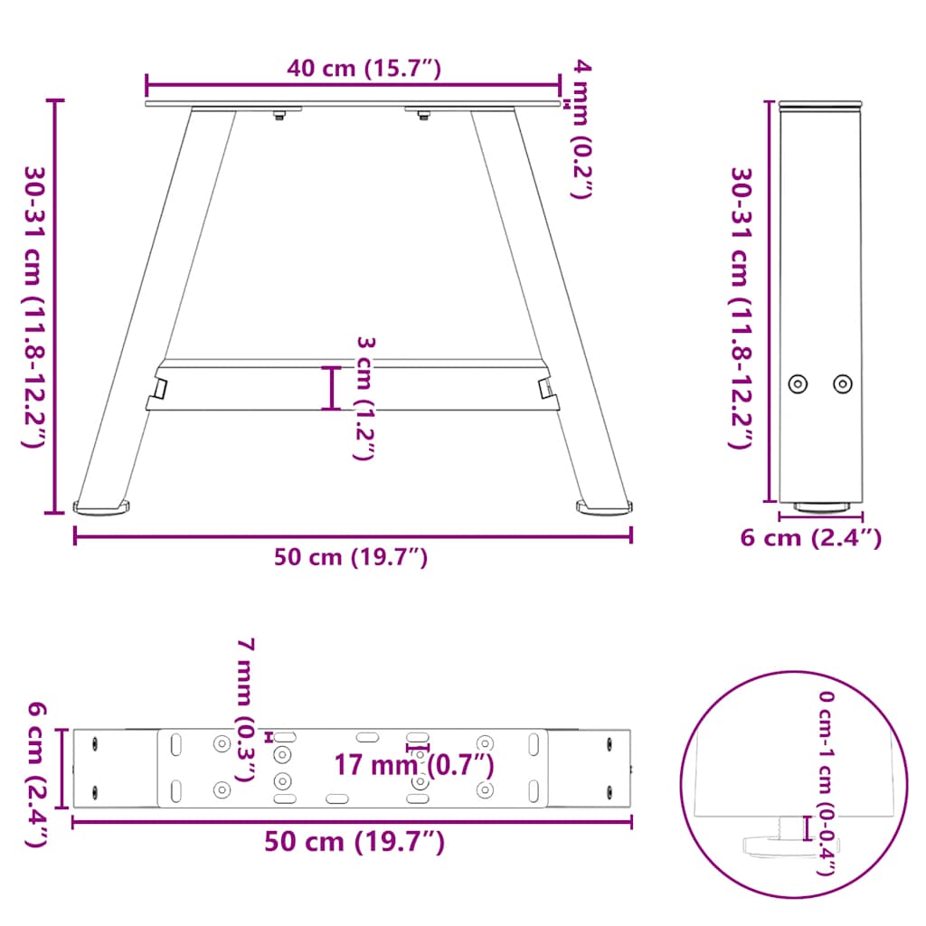Pieds de table basse en forme de A, 2 pièces, 50 x (30-31) cm, acier - XIOS