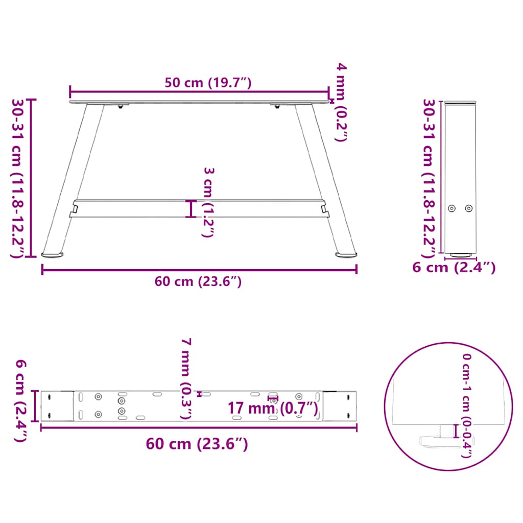 Pieds de table basse en forme de A, 2 pièces, noir, 60 x (30-31) cm, acier - XIOS