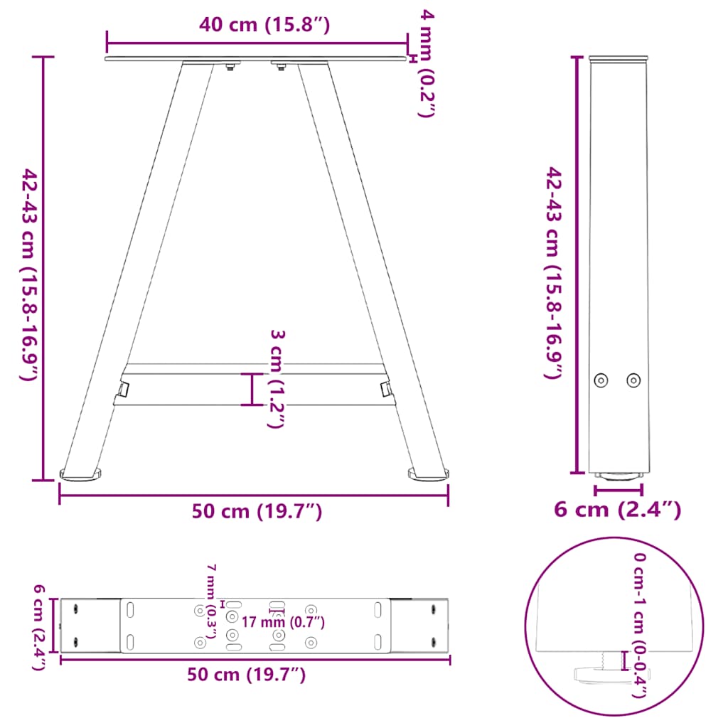 Pieds de table basse en forme de A, 2 pièces, blanc, 50 x (42-43) cm, acier - XIOS