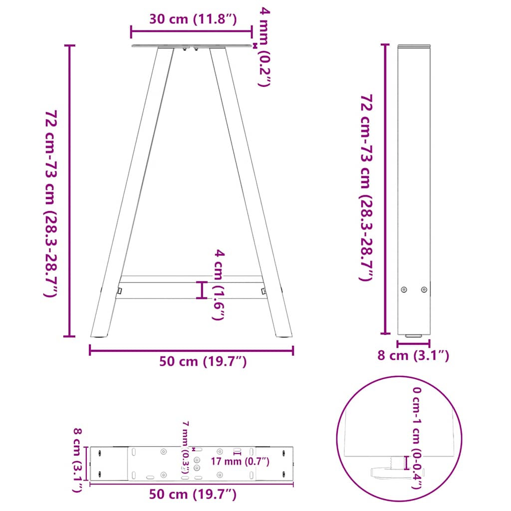 Pieds de table à manger en forme de A, 2 pièces, noir, 50 x (72-73) cm, acier - XIOS