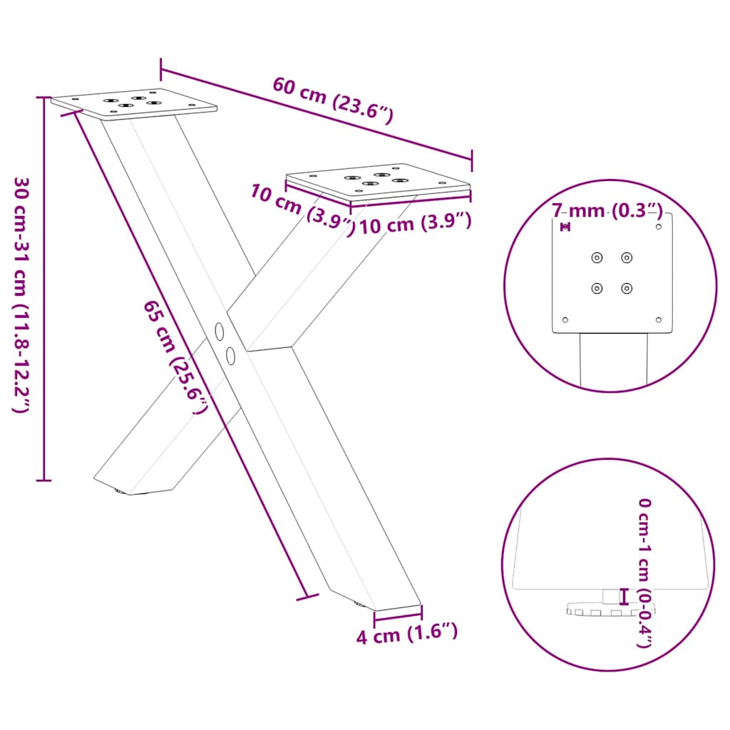 Pieds de table basse en forme de X, 2 pièces, blanc, 60 x (30-31) cm, acier - XIOS