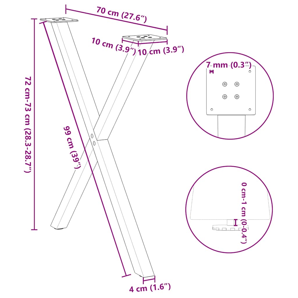 Pieds de table à manger en forme de X, 2 pièces, noir, 70 x (72-73) cm, acier - XIOS