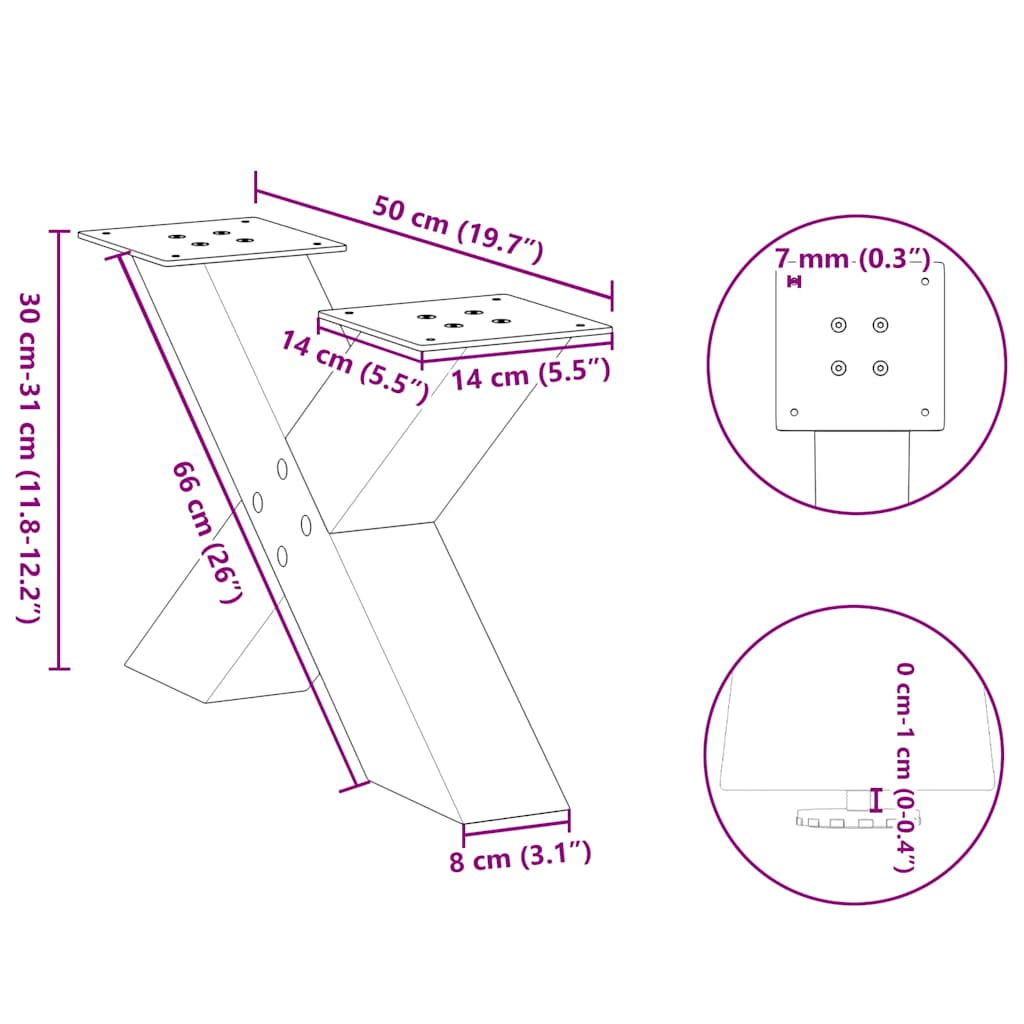 Pieds de table basse en forme de X, 2 pièces, noir, 50 x (30-31) cm, acier - XIOS