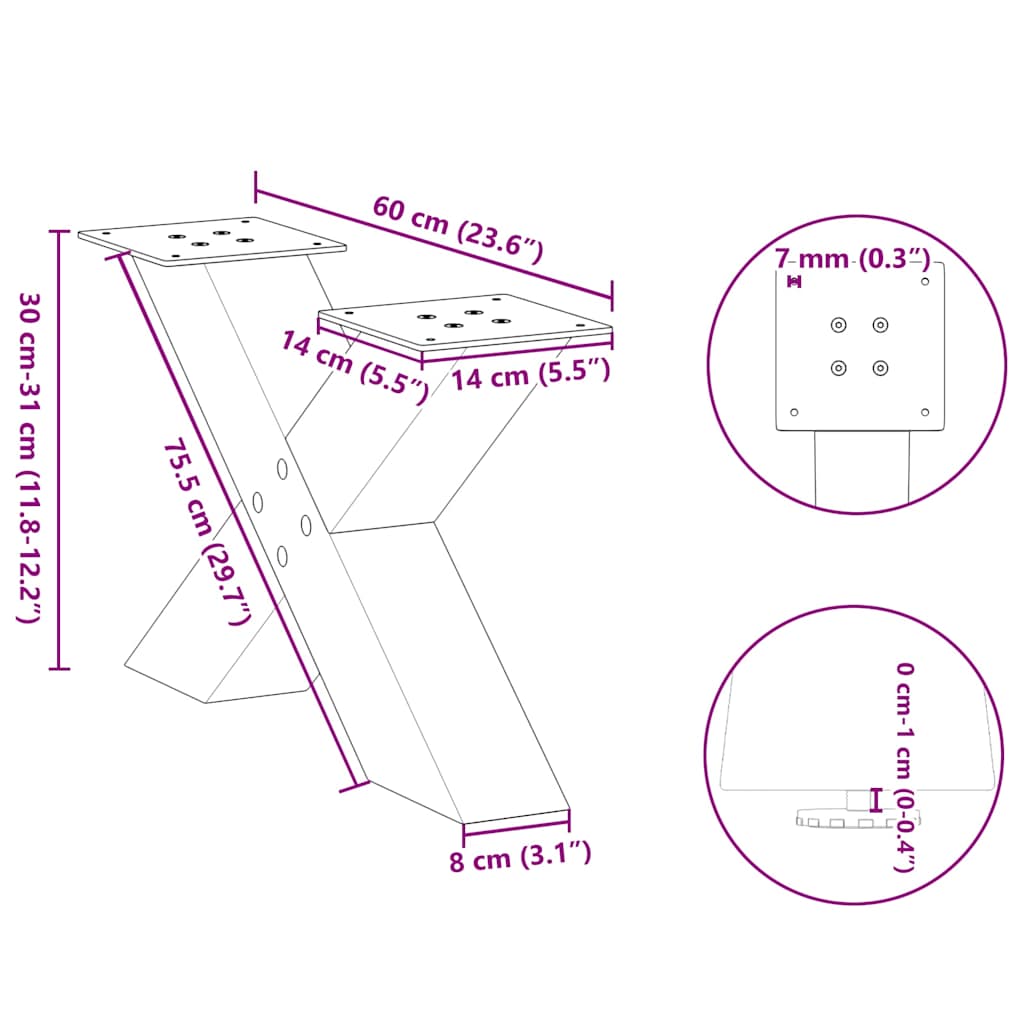 Pieds de table basse en forme de X, 2 pièces, blanc, 60 x (30-31) cm, acier - XIOS
