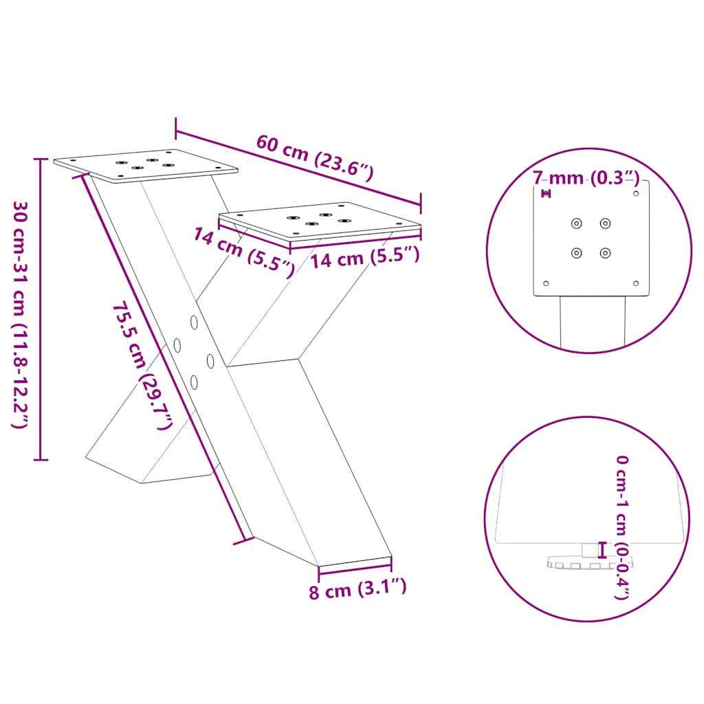 Pieds de table basse en forme de X, 2 pièces, acier naturel, 60 x (30-31) cm - XIOS