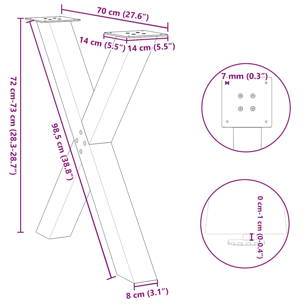 Pieds de table à manger en forme de X, 2 pièces, noir, 70 x (72-73) cm, acier - XIOS